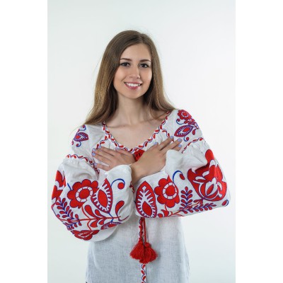 Boho Style Ukrainian Embroidered Folk  Blouse "Boho Flowers" red on white